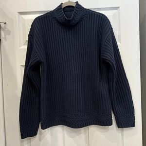 LL Bean Signature Mock Neck Sweater Organic Cotton Navy Shaker Knit Fisherman M